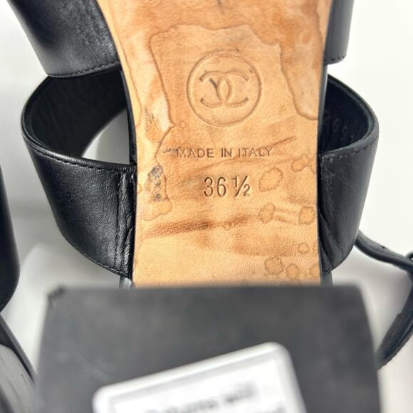 Chanel CC Logo Turnlock Black Leather Platform Heel Sandals 36.5 - Picture 7 of 8